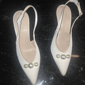 Pearl-Embellished Cream Slingback Pointed Heels